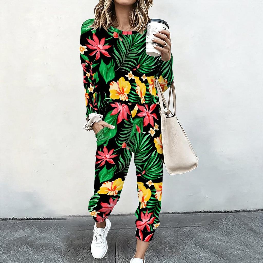Female Round Neck Long Sleeve Tunic And High Waist Loose Trousers Two Piece Relaxed Casual Outfit