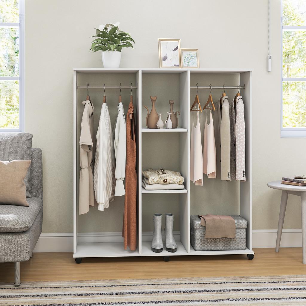 Wardrobe Closet Mobile Storage Furniture 6 Wheels 120 X 40 X 128 Cm In White Wood