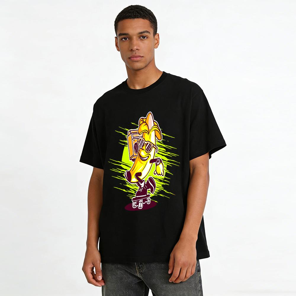 Cool Retro Skateboarding Banana Print Tee Street Style Music Themed Top Pure cotton T-shirt