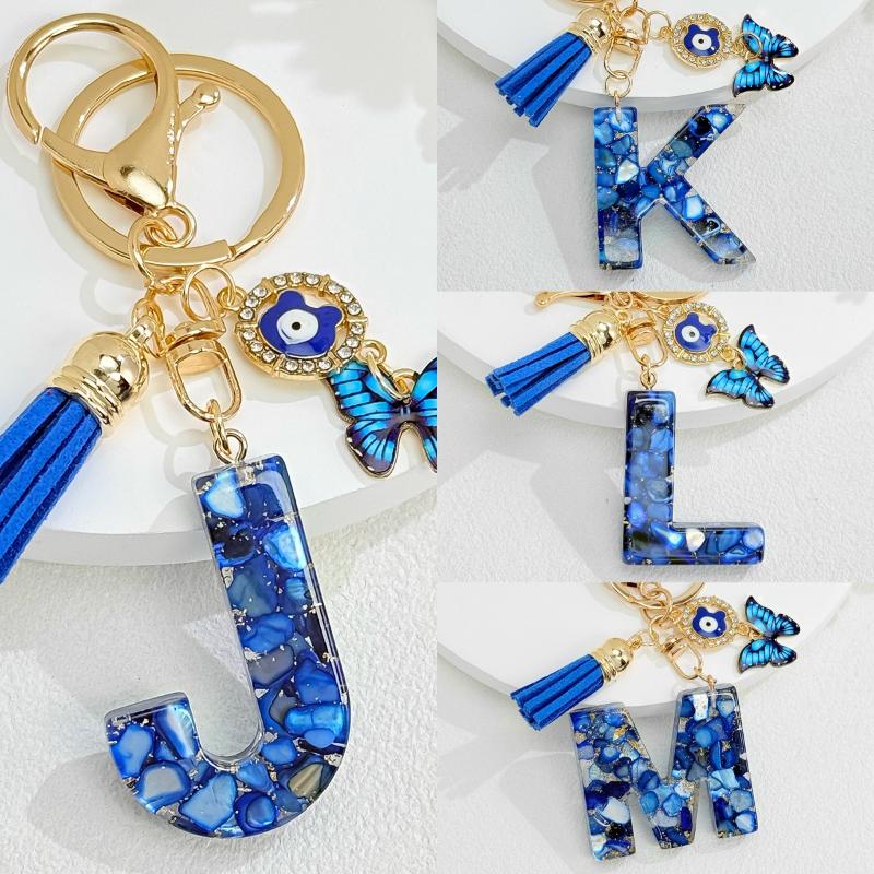 Fashion Blue Glazed Stone A To Z Letter Keychain 26 Initials Alphabet Butterfly Tassel Pendant Car Keyring Women Jewelry Gifts