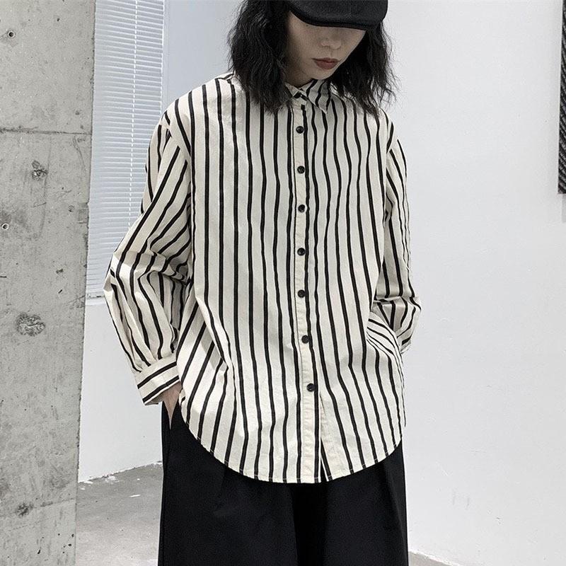 Johnature Simple Loose Striped Long Sleeve Shirt Spring Lapel Casual Loose Women Shirts
