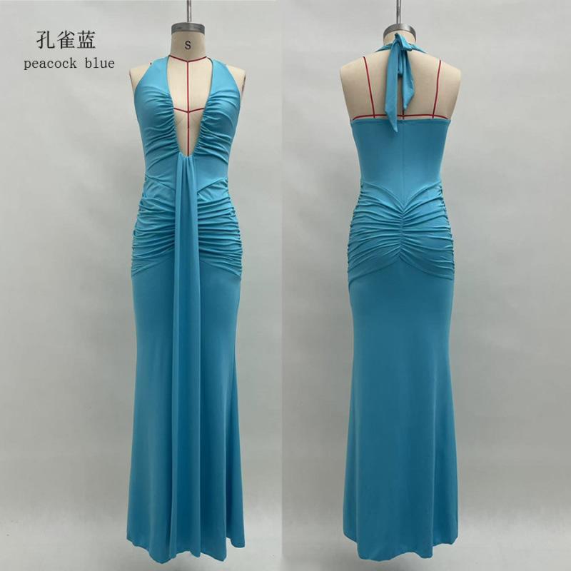 New Women's Long Dress Solid Color Elegant Neck Deep V Waist Sexy Backless Streamer Fishtail Skirt