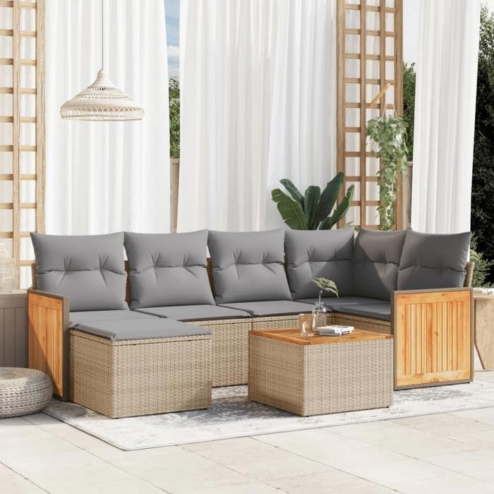 VidaXL Salon de Jardin avec Coussins 7 pcs, Canapés de Terrasse, Ensemble de Meubles de Patio, Mobilier d'Extérieur, Beige 3227865