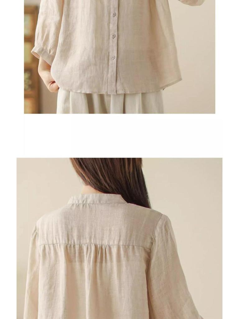 Spring/Summer Retro Slimming Cotton Linen Cardigan - Women's Seven-Sleeve Shirt