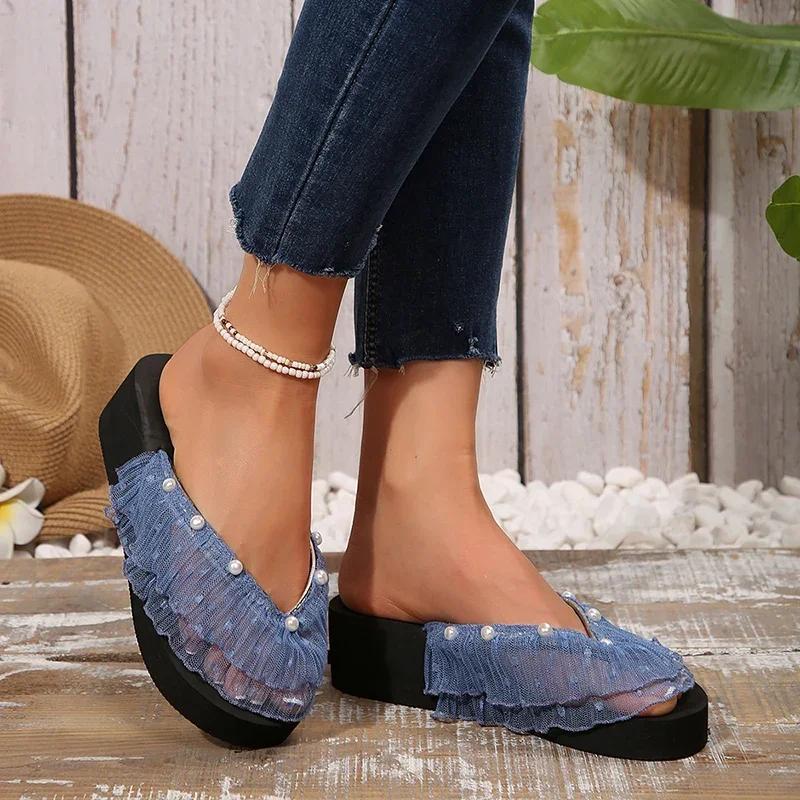 Divat Divat Hálós Platform Papucsok Nőknek Nyári Strand Clip Toe Vastag Talpú Papucs Női Könnyű Gyöngyök Díszítés Csúszkák 42