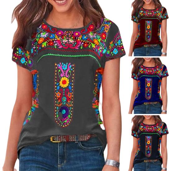 O-neck Short Sleeve Loose Fit Women T-shirt Vintage Boho Ethnic Floral