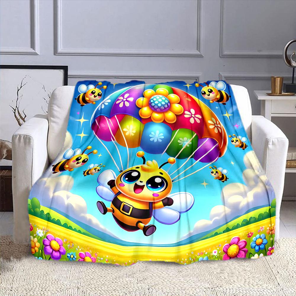 Cute Bee with Colorful Parachute Patterned flannel blanket perfect for the bedroom living room, sofa, or a little nap