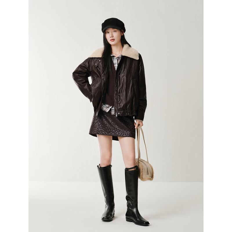 JIUZI Vintage Faux Fur & PU Leather Patchwork Down Jacket