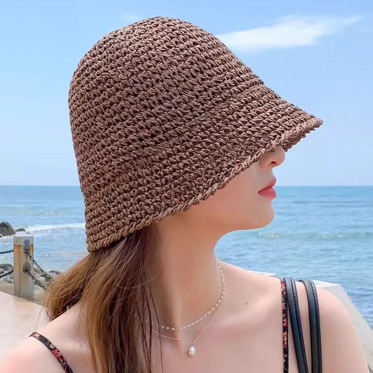 Handmade Crochet Straw Bucket Hat Summer Beach Sun Protection Hat for Women