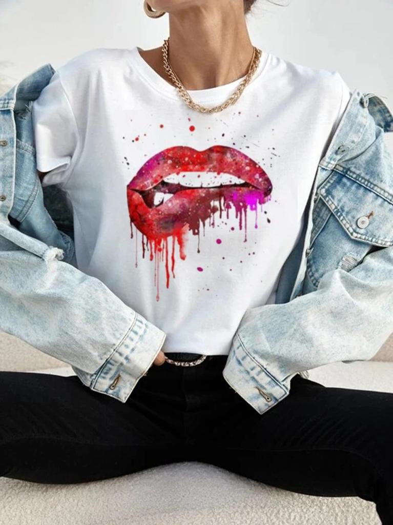 New Hot Red Lips Printed Unisex Tshirt Fashion Casual Tops 90s Girls Ladies Female Short Sleeve Clothing Tee Cute Graphic Top