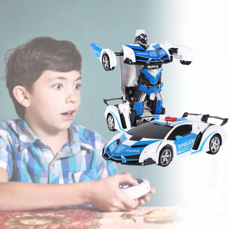 Rc Transformer Robot Police Car Remote Control Toy Kids Led Lights Boys Gift