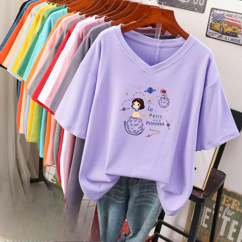 Kortärmad T-shirt för kvinnor, Stor storlek, Lös och smickrande, Tryckt V-ringad topp