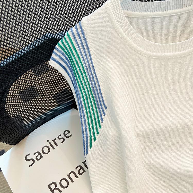 Femeii Spliced ​​Contrast Color tricotat vestă de vară Ice Silk Lejer fără mâneci coreeană naveta subțire pulover gât rotund tricou topuri