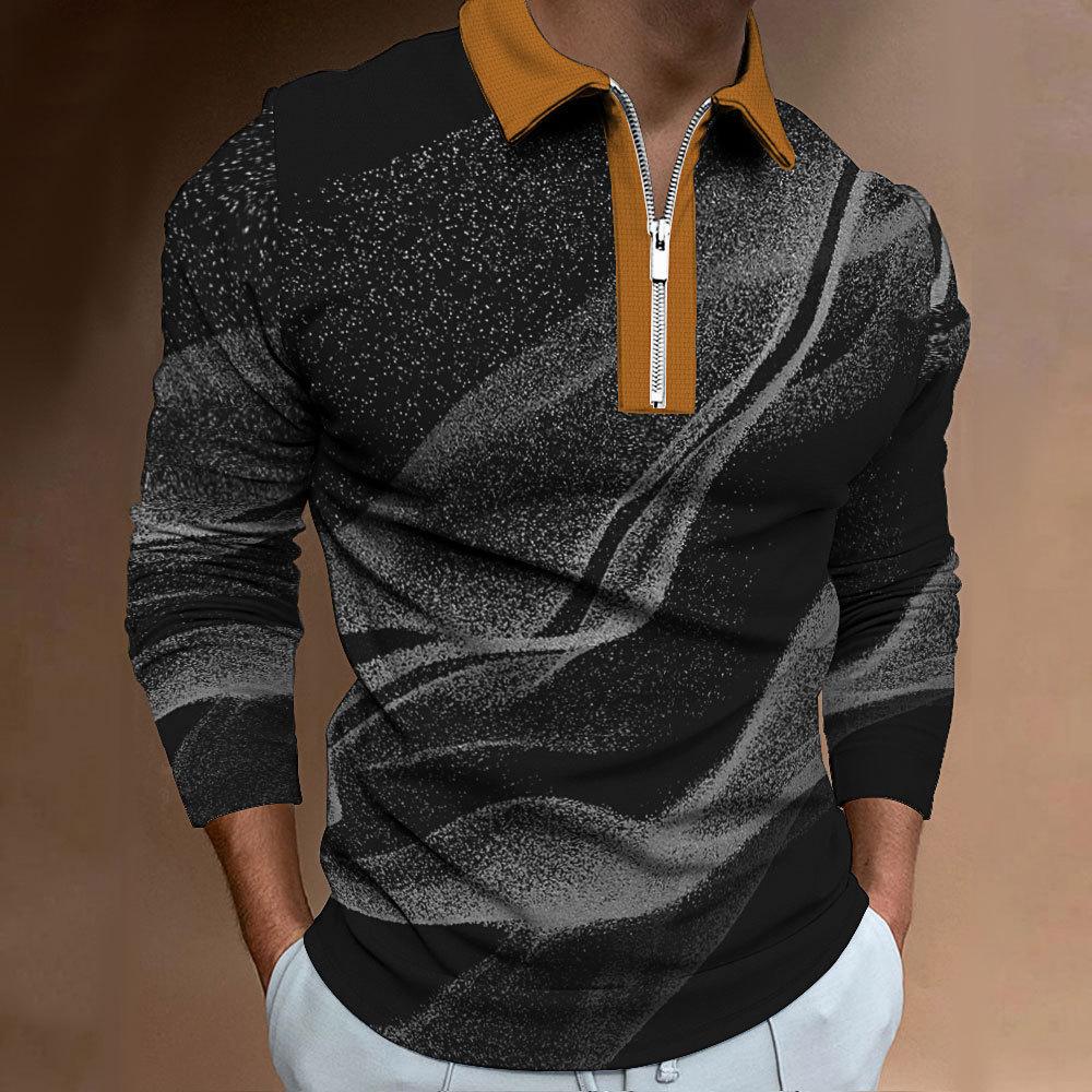 

Новый мужской повседневный облегающий свитер-поло на молнии с 3D-цифровой печатью в виде водяной волны с длинным рукавом 5XL