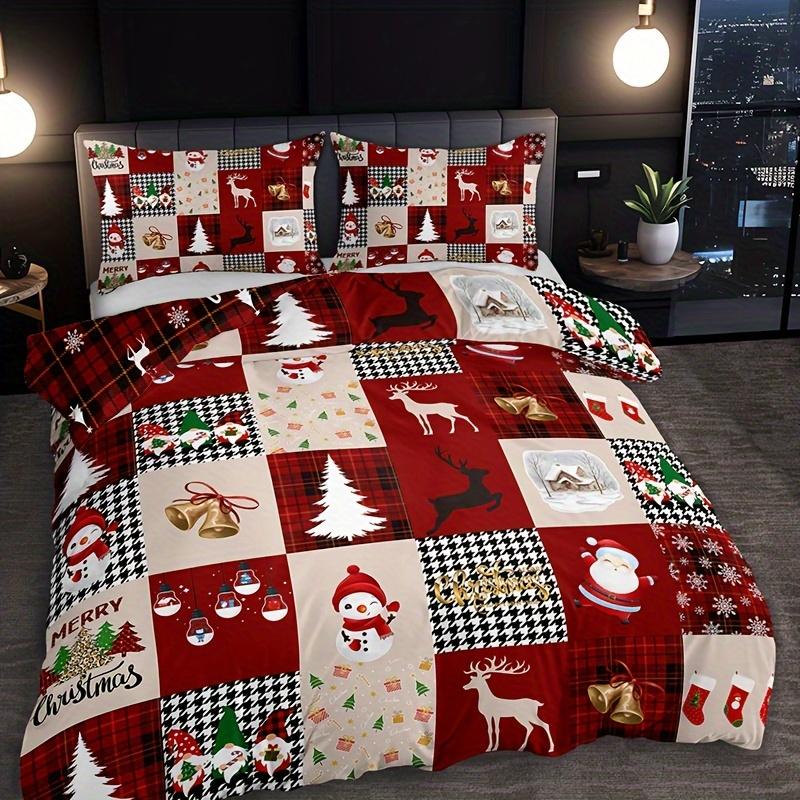 3pcs Christmas Reindeer & Plaid Duvet Cover Set - Includes 1 Duvet Cover and 2 Pillowcases, Breathable Polyester Christmas Gift