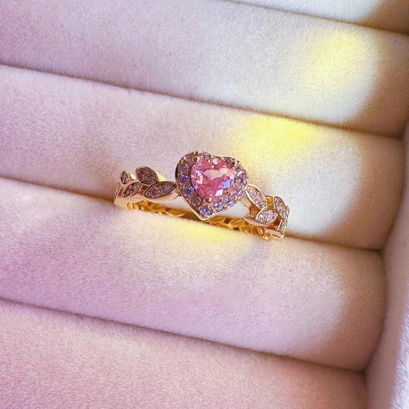 Pink Exquisite Geometric Diamond Heart Pearl Ring For Women Stylish Adjustable Open