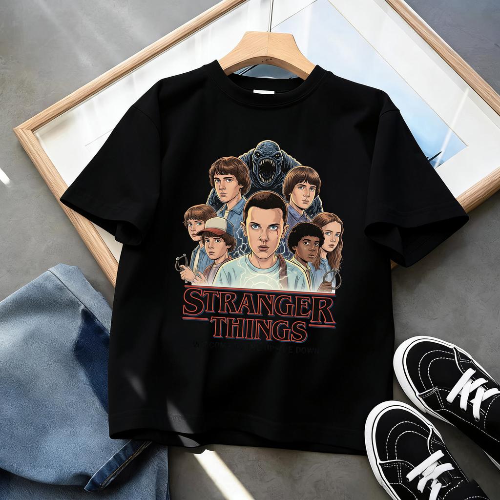 Boys and Girls Demogorgon Hawkins Top Stranger Things Childrens Cartoon Print Pure Cotton Tshirt 2026 Summer Round Neck