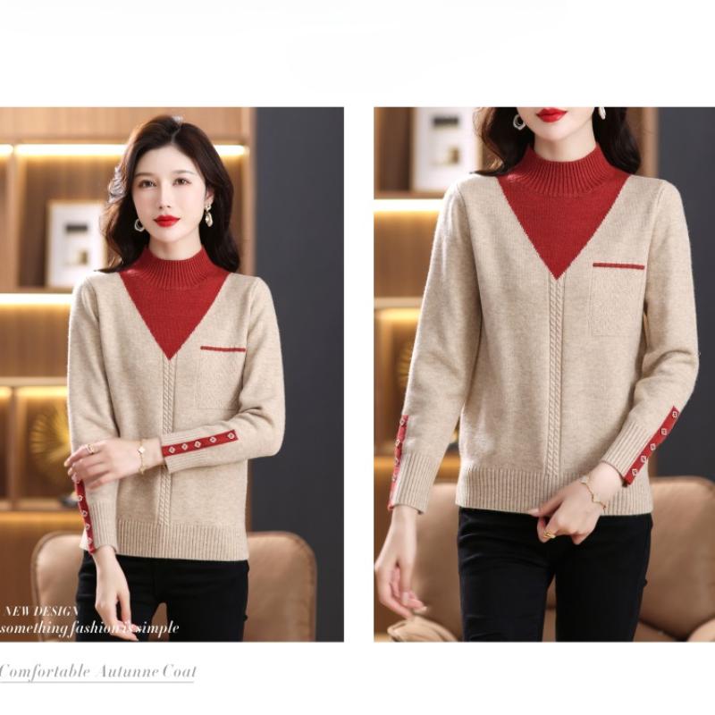 Women Vintage Splicing Panelled Sweaters Autumn Winter Fashion Mock Neck Long Sleeve Casual Slim Knitted Pullovers