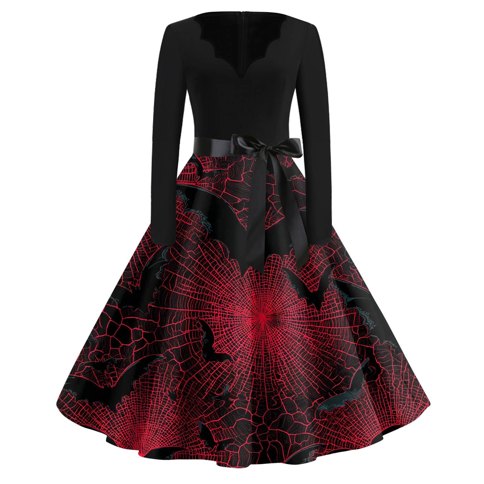 

Женская мода с v-образным вырезом, повседневные тонкие платья с длинными рукавами и принтом на Хэллоуин XXXL красный