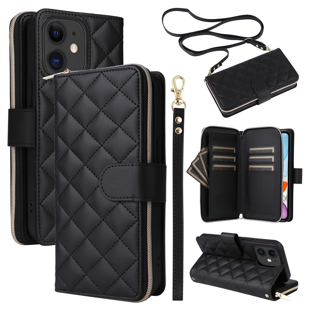 For iPhone 11 Case Leather Zipper Wallet Rhombus Phone Cover with Shoulder Lanyard