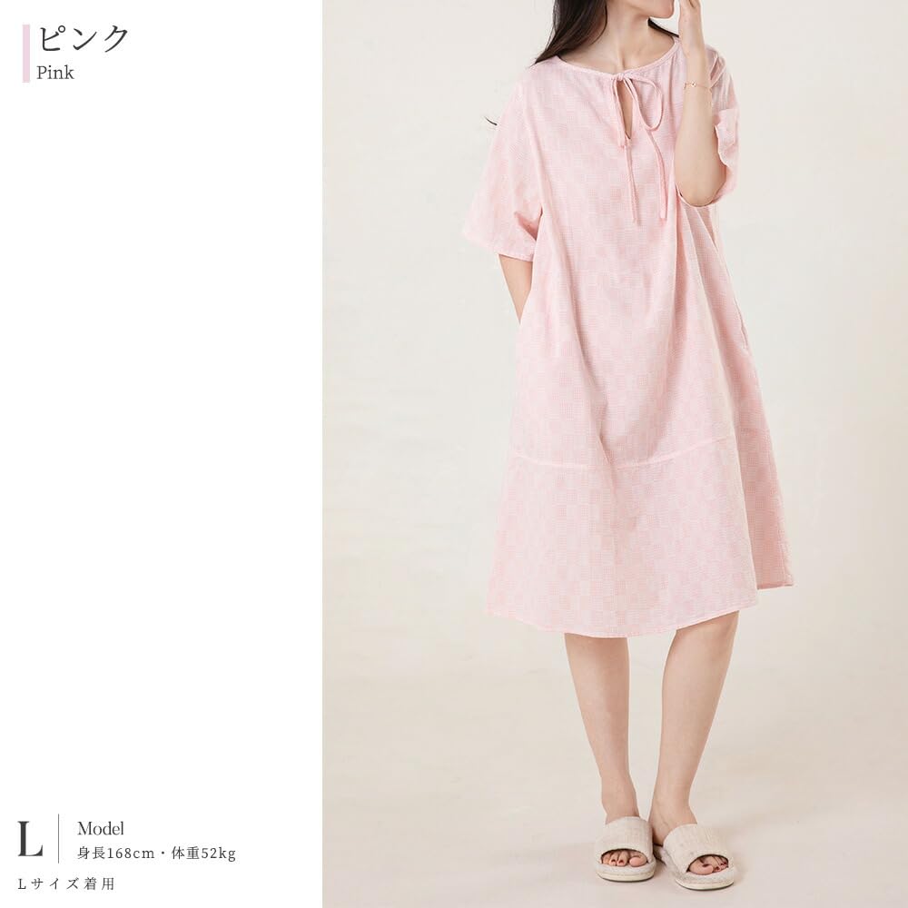 Yes Family Cotton Double Gauze Pajama Stylish Check Size Pink Women's 100% Dress, Knee-Length, Flattering, Pattern, L,