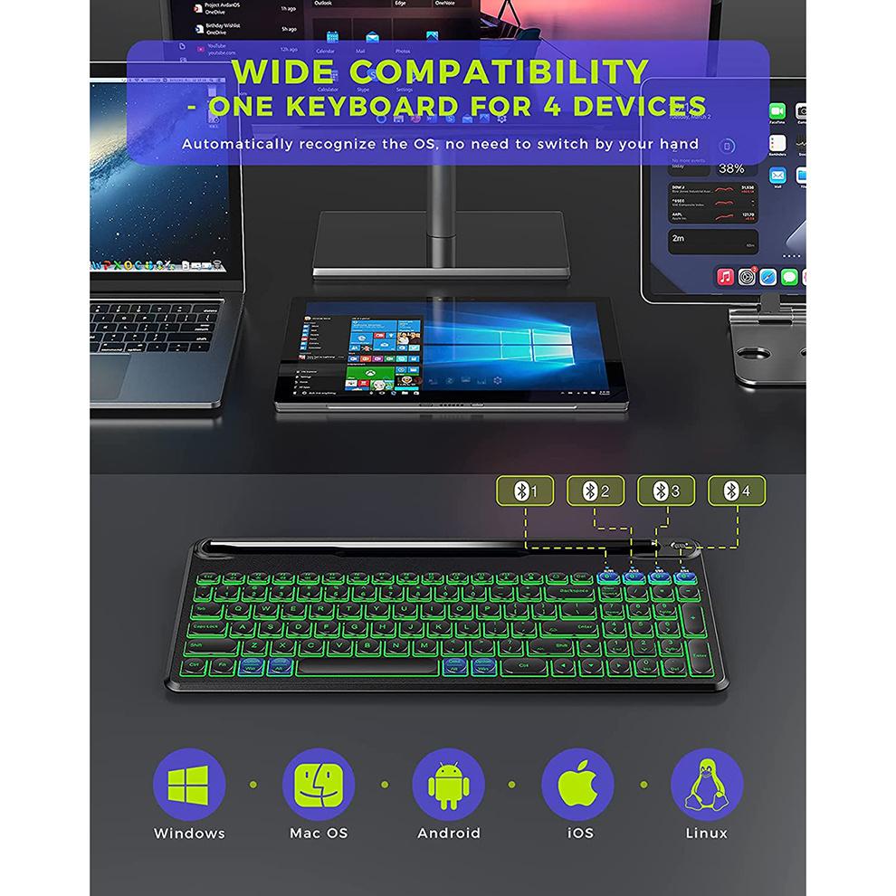Jomaa 7 Colors Backlit Bluetooth Keyboard with Slot Card Rechargeable Wireless Keyboard Bluetooth Multi for Laptop Tablet Quiet