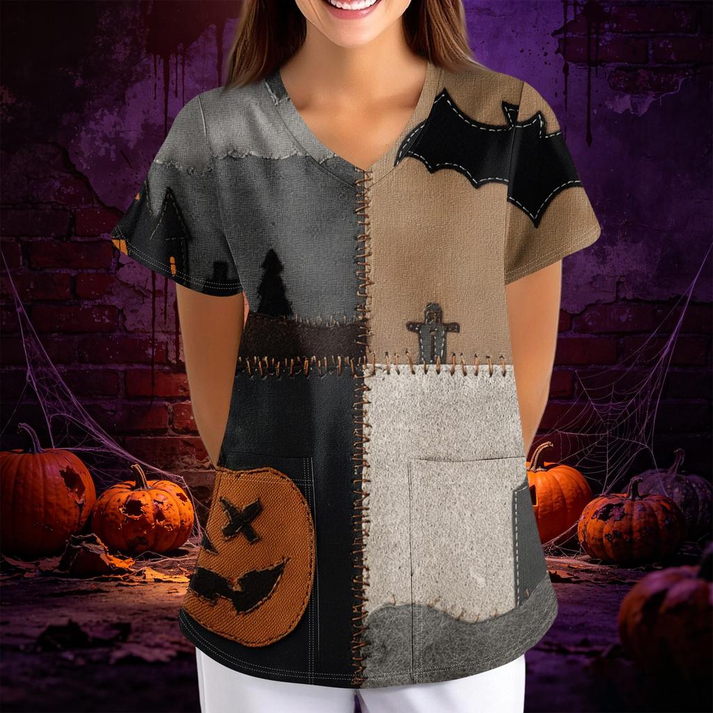 Women Halloween Print Loose Fit V Neck Short Sleeve Top with Pocket Comfortable Fabric for Work or Casual Wear