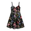 European and American style black background watercolor flower printing suspender dress V-neck waist thin holiday style short A-shaped skirt