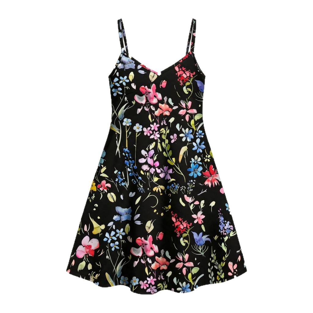 European and American style black background watercolor flower printing suspender dress V-neck waist thin holiday style short A-shaped skirt