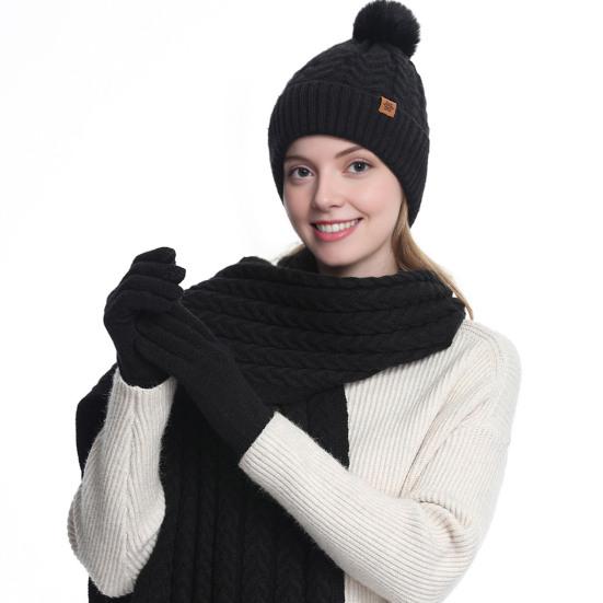 Winter Hat Scarf Gloves Set for Women Fleece Lined Pom Pom Skull Cap Long Scarf And Gloves Set Warm Knit 3 Pcs Set for Cold Weather