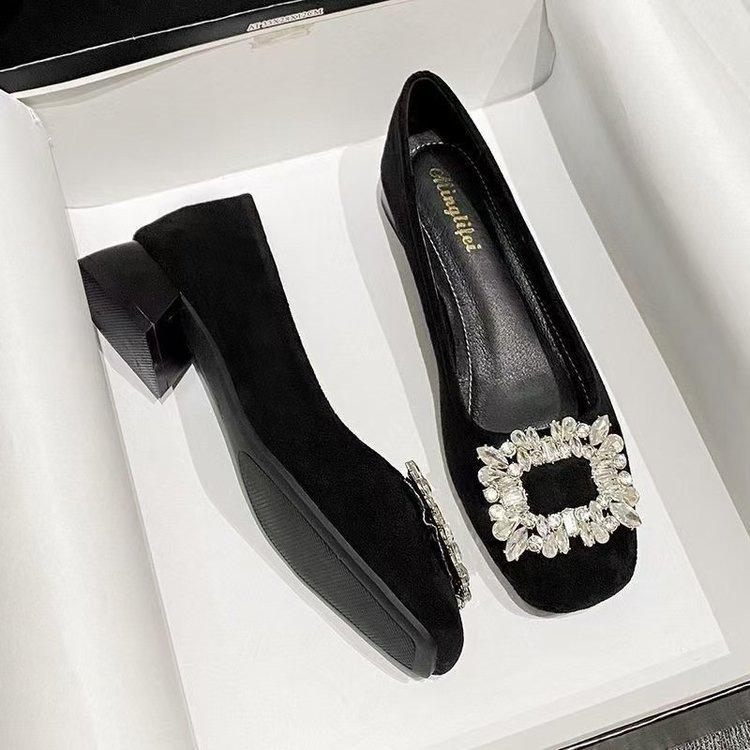 Single Shoes Light Mouth Soft Sole Suede Thick Heel Low Heel Rhinestone Square Buckle French Black Professional Shoes
