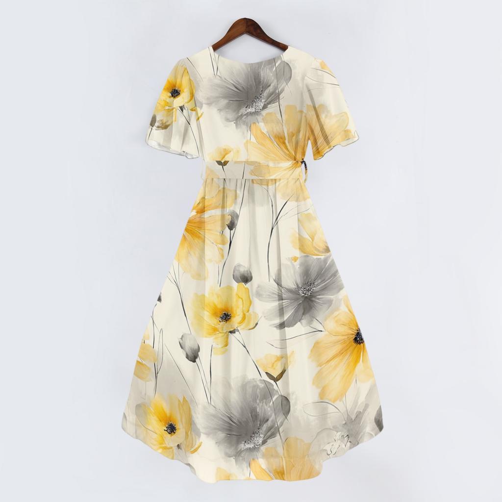 Women's Casual V Neck Short Sleeve Midi Dress Floral Print Wrap Style Lightweight Summer Dress