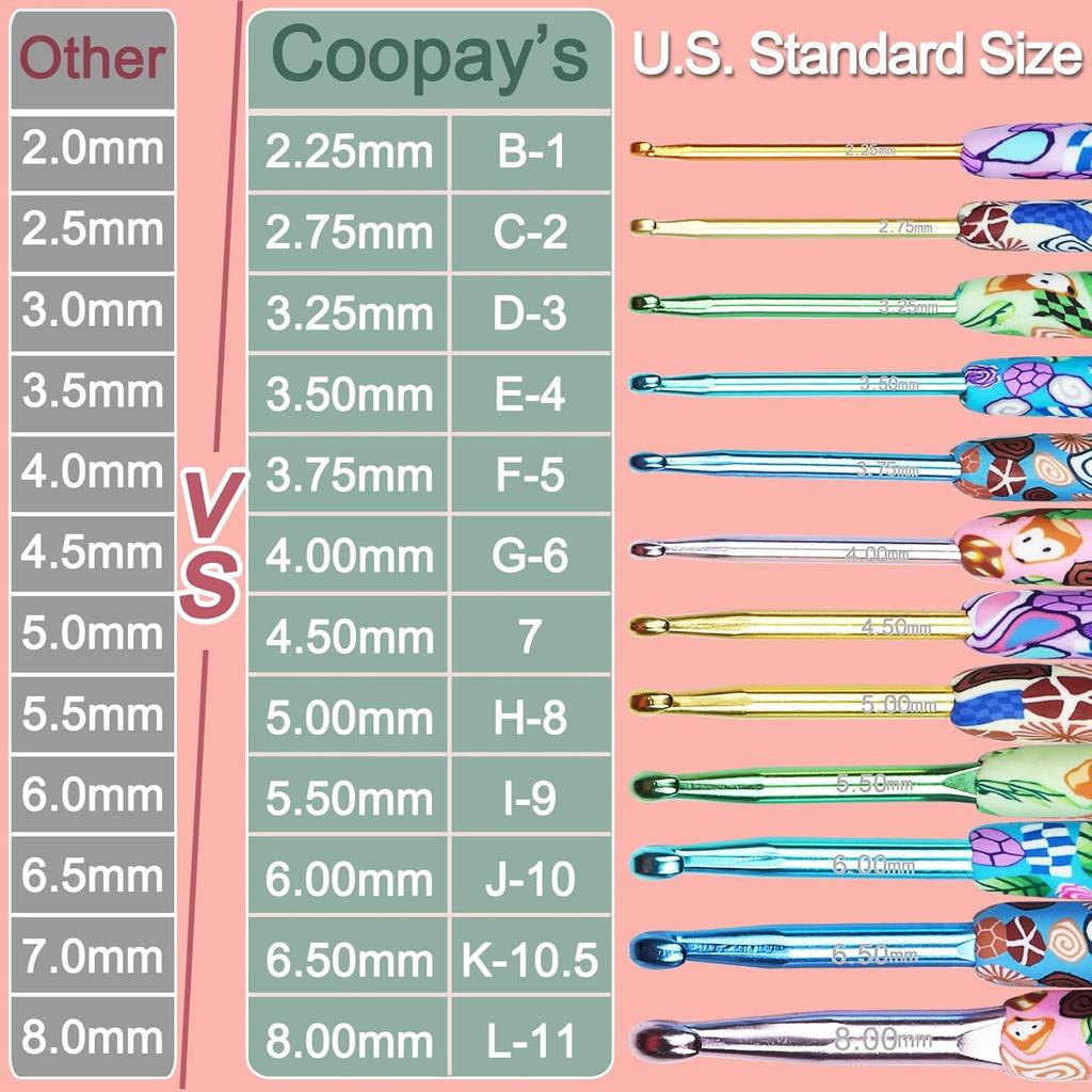 Coopay Complete Crochet Hooks Set for Beginners, 2.25mm-8mm Crochet Hook, Ergonomic Crochet Hooks for Arthritic Hands, Cute Animal Print Comfort Grip