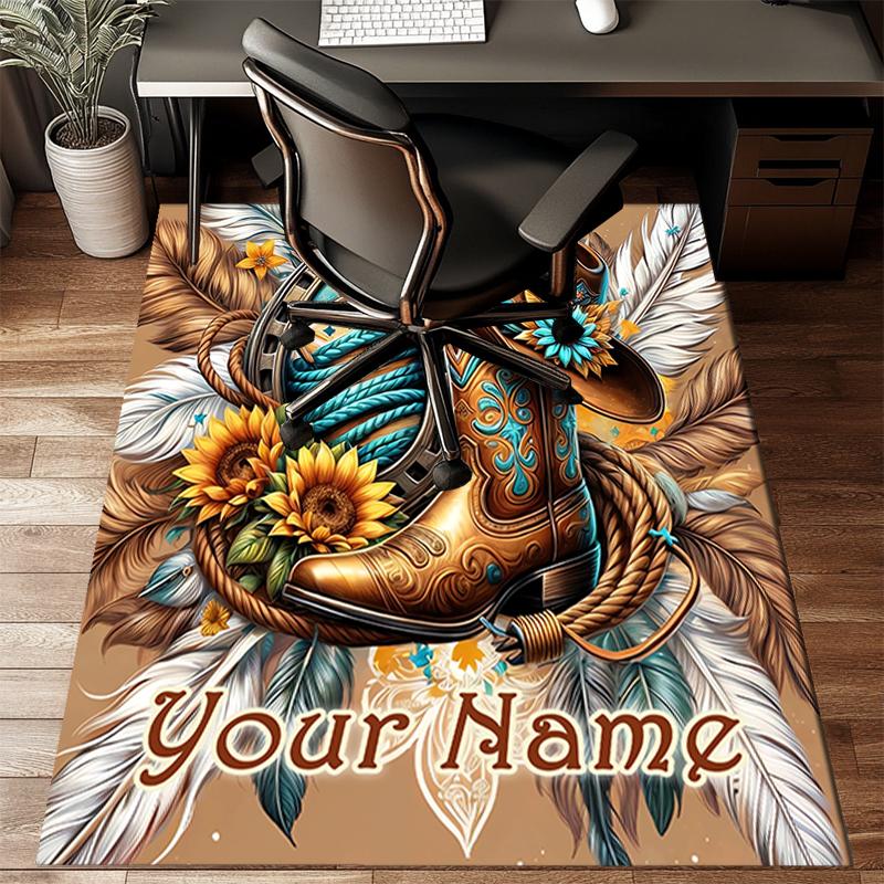 1PC Custom Name Western Cowboy Boots Feathers Theme Floor Mat Ideal for Living Room, Game Rooms, Office, Bedroom Floor Mat Design