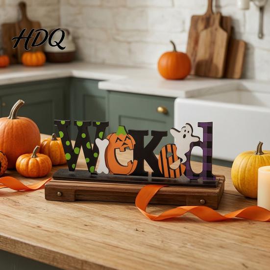 Creative Photography Props Halloween Wooden Table Sign Spooky Wicked Tiered Tray Decor Pumpkin Black Office Desk Festive Ornaments Cat Ghost Design,