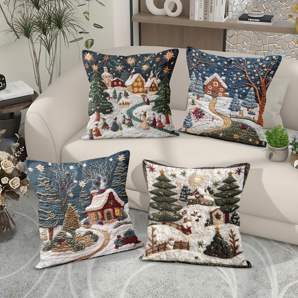 Christmas Snow Pillowcase: Embroidered Dream Cabin and Bright Starry Sky New Year Home Decoration 2d Flat Printing