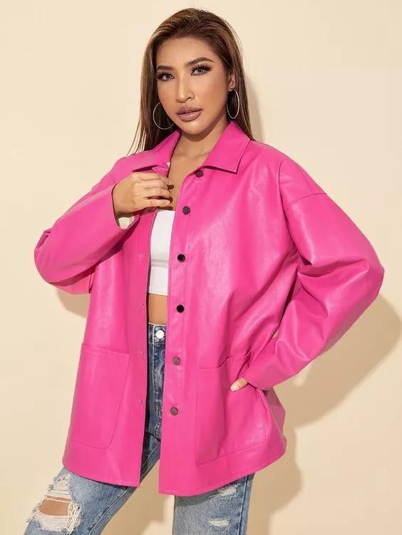 Pink Handmade Soft Stylish Fashionable  Leather Women Lambskin Formal Shirt Casual Genuine