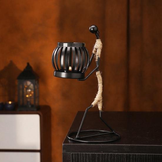 Human Figure Iron Candle Holder Handmade Metal Jute Rope Candlestick Nordic Boho Home Decor for Dining Table Bar Countertop Wedding Restaurant