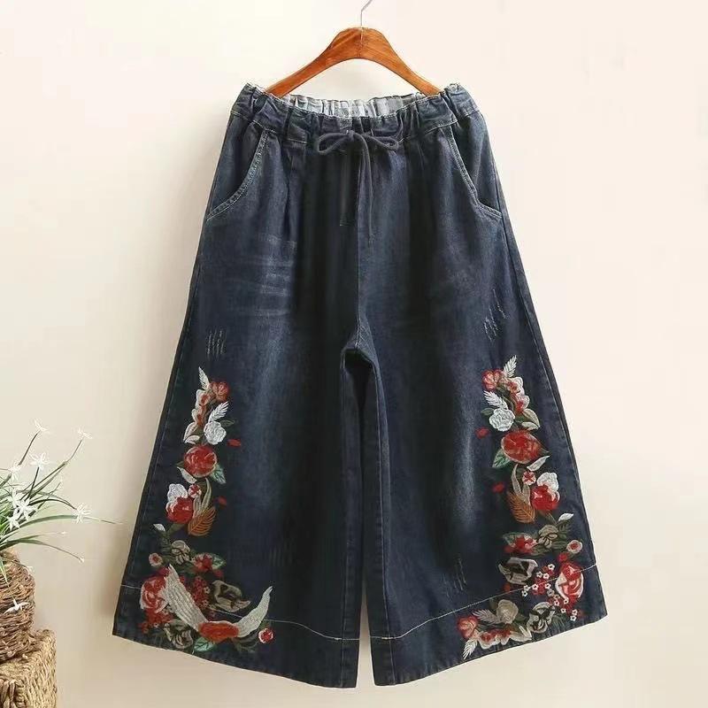 Embroidery Denim Vintage Elastic High Waist Loose Wide Leg Women's Pants Calf Length Pants Women