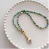 Baroque Freshwater Pearl & Zircon Clavicle Necklace with Green Shell & Turquoise Design