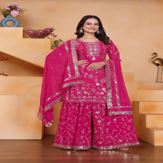 Vibrant Pink Floral Embroidered Sharara Set with Dupatta S