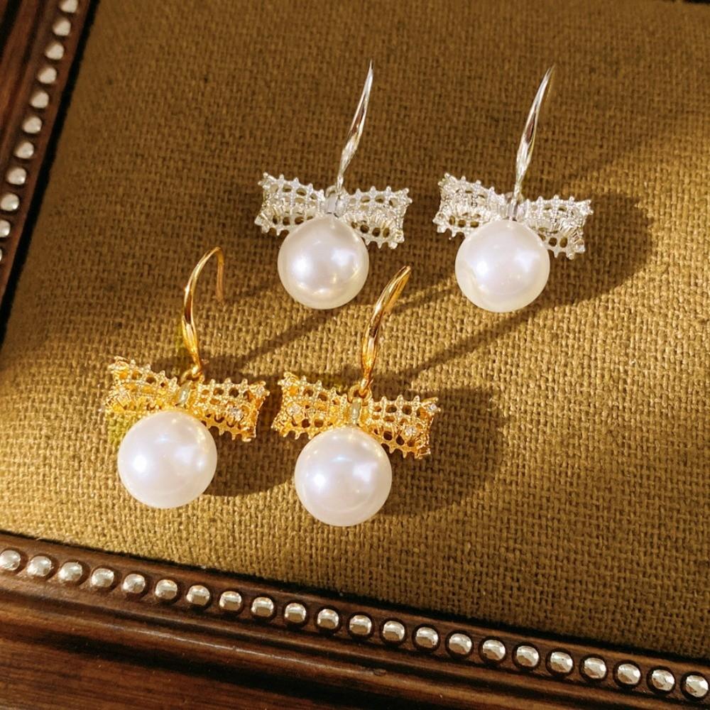 Simulation Freshwater Pearl Bow Pearl Long Earrings Shell Beads Ear Hook Drop Earrings  Girls Gift