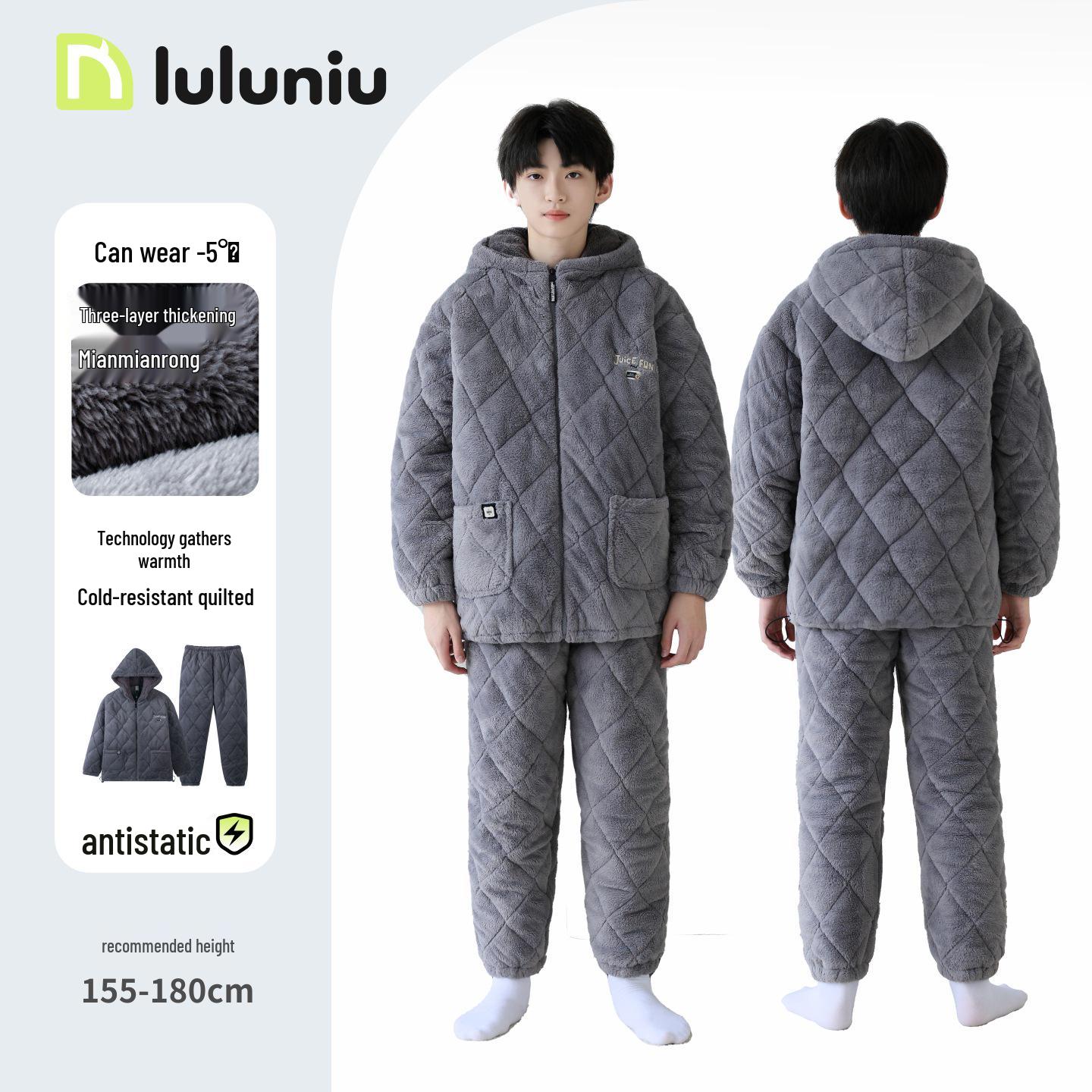 

Boys Winter Flannel Hooded Pajamas – Quilted and Thickened for Big and Middle Kids 165cm (S, 155-160cm height) серый