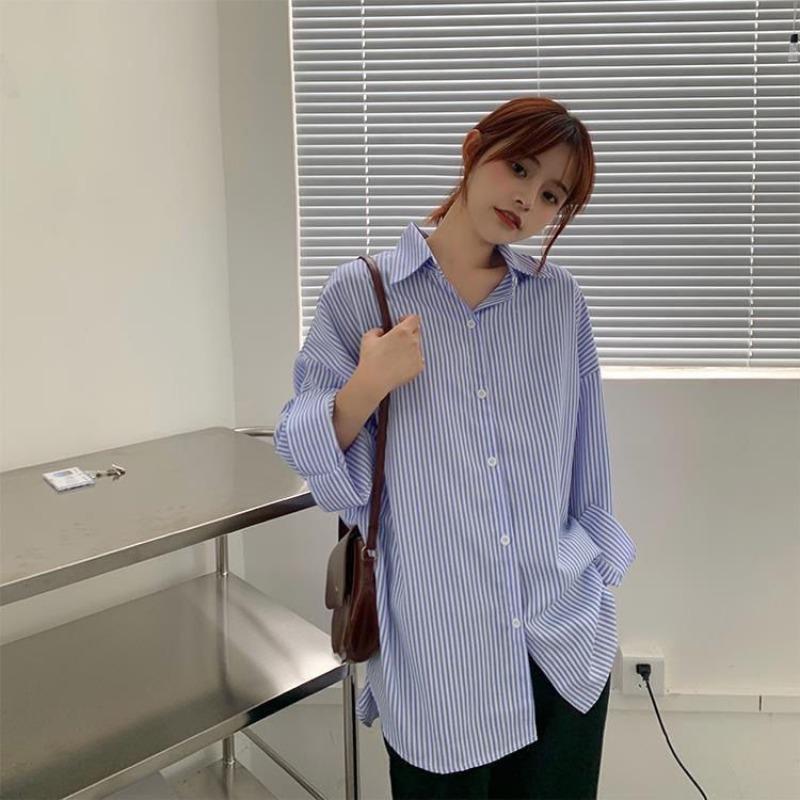 Striped Shirt for Women Spring Autumn Retro Loose Medium To Long Length Student Long Sleeved Shirt Top Trend