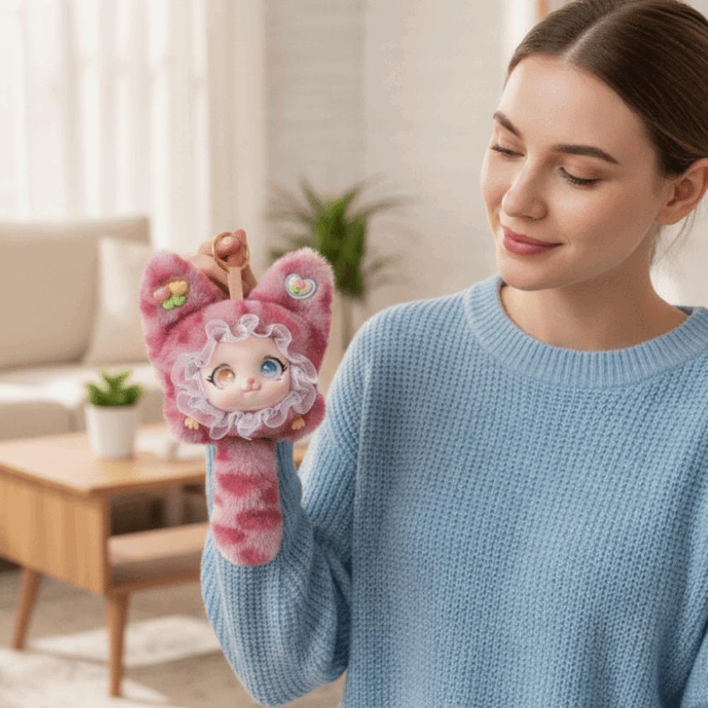 Cute Design Lace Leopard Print Cat Plush Keychain Vinyl Face Doll Pendant  Jewelry Accessories