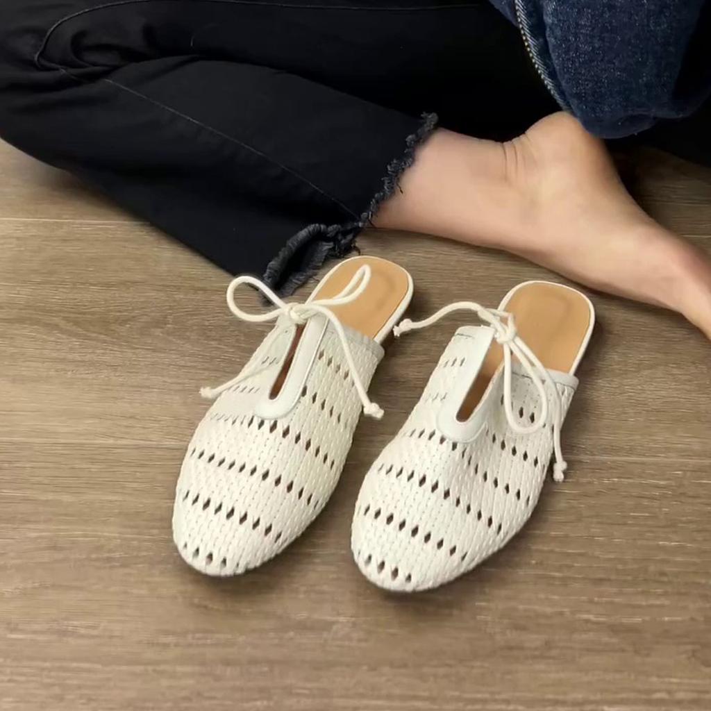 Sheepskin Version Design Sense Woven Hollow Breathable Bag Head Half Slippers Women's Wear Bow Casual Flat Bottom Sandals