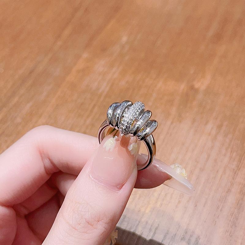 Irregular French Pleated High-End Open Ring Cold Wind Simple Full Of Diamonds Zircon Personality Ring Female