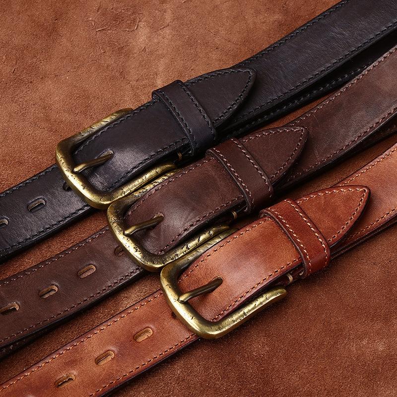 Pásek Pánský Zesílený Italská První Vrstva Hovězí Kůže Spona s Kolíčkem Retro Retro Styl Osobnost Trendy Džínový Pásek Pánský
