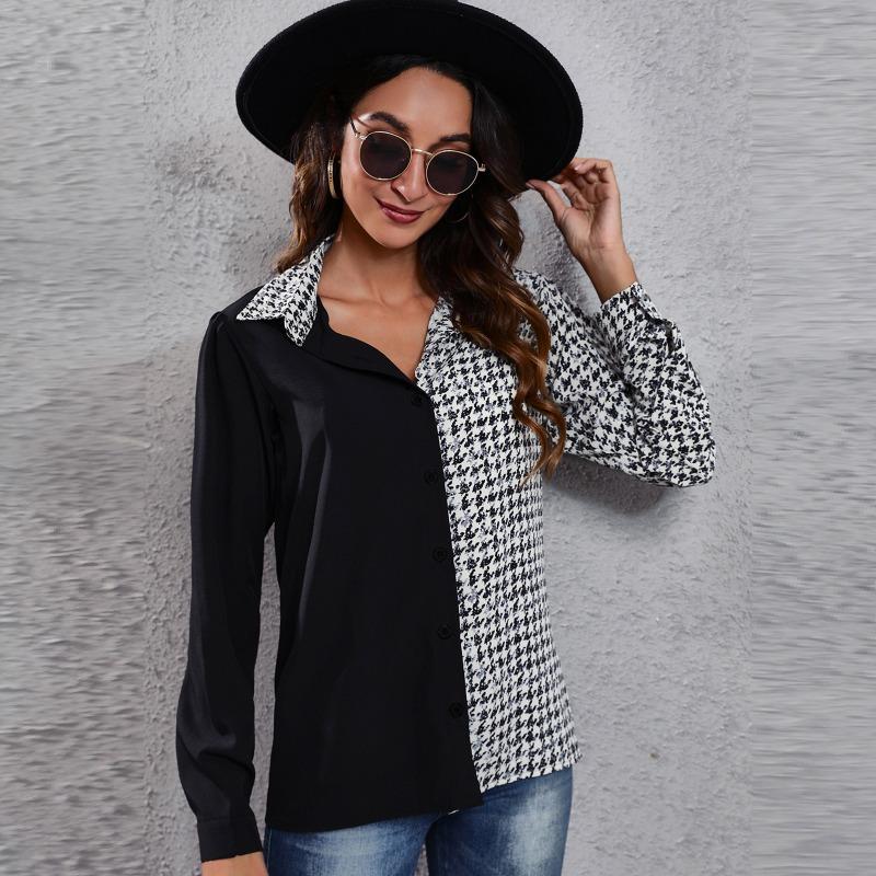 Spring and Autumn Women's Plaid Splicing Bubble Sleeve Long Sleeve Shirt