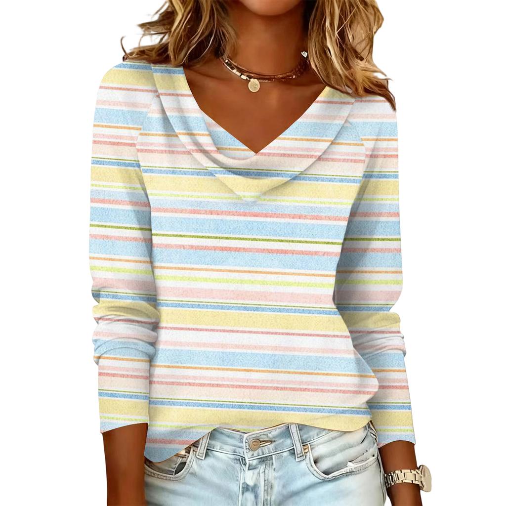 Ladies' Striped Printed Casual and Fashionable Long Sleeved Pullover Top